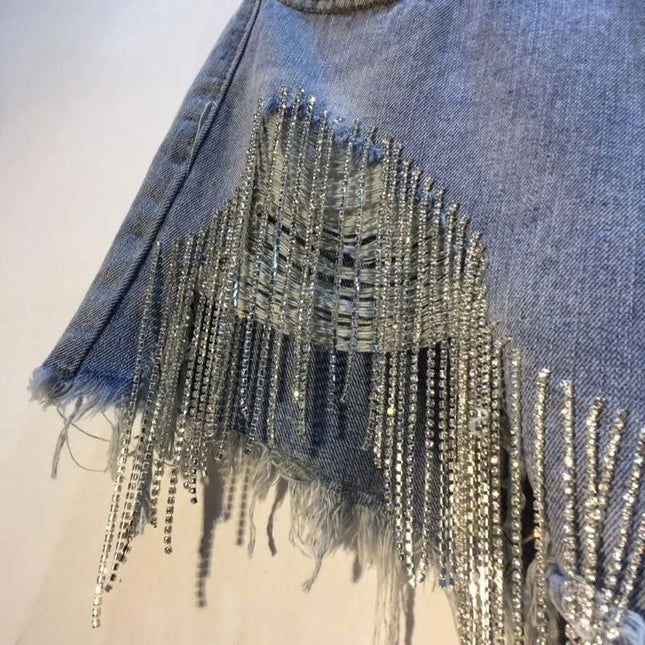 Women's Denim Shorts Ripped Hole Jeans Tassels Diamonds Sexy Washed Distressed High Waist Streetwear 2025 Straight Short Pants