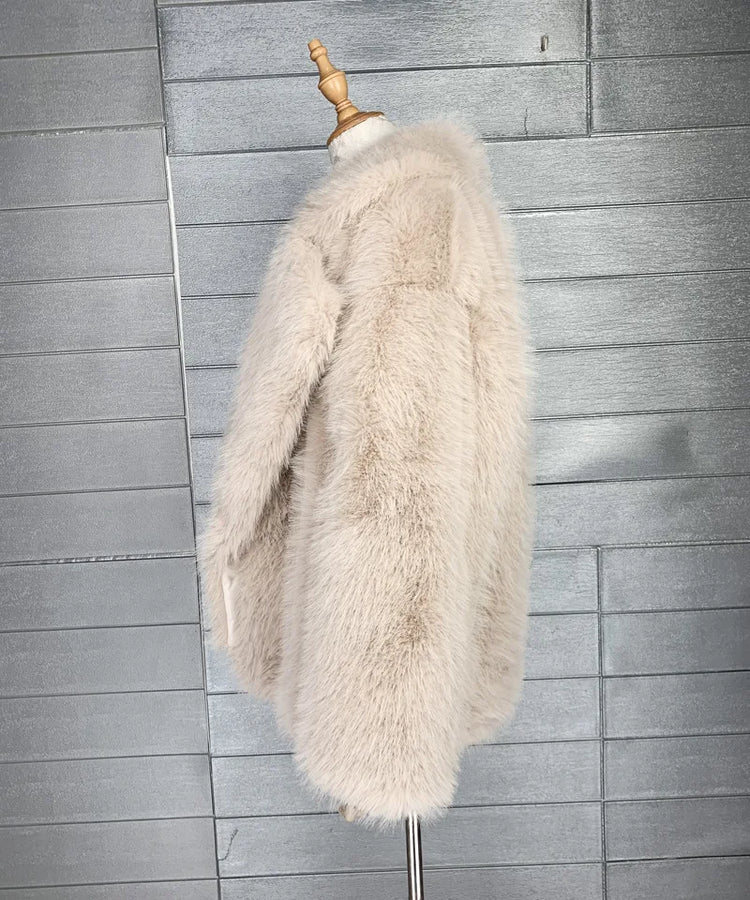 ZADORIN Korean Style Winter Warm Coat Women Mid Length Lapel Loose Faux Fox Fur Coat Luxury Overcoat Fluffy Fur Jacket Tops