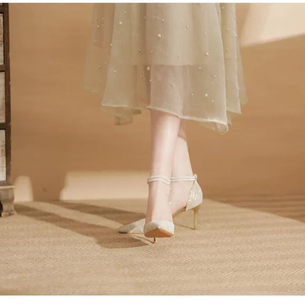 Size 31-43 Women High Heels Stiletto Heel Summer Lace Mesh Sweet Gold Silver Wedding Shoes PlatiNum