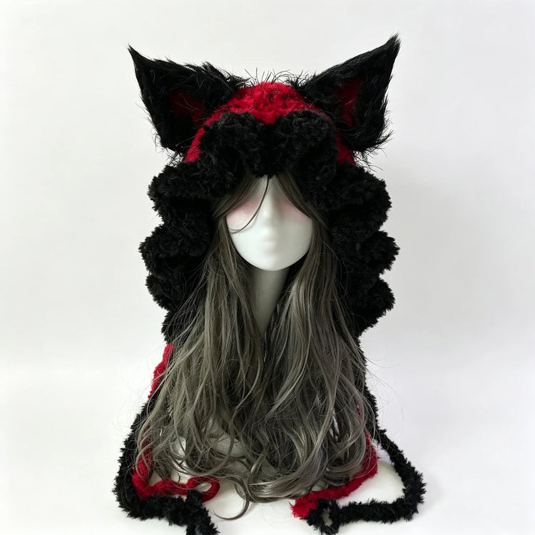 Custom Hand‑Crocheted Black Red Fox Ear Hood Women Soft Knitted Long Ties Beanie Gothic Unisex Dark Fairy Winter Warm Accessory