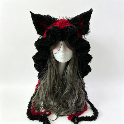 Custom Hand‑Crocheted Black Red Fox Ear Hood Women Soft Knitted Long Ties Beanie Gothic Unisex Dark Fairy Winter Warm Accessory
