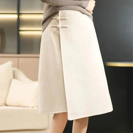 Winter Woolen Midi Irregular Split Skirt Red Elegant High Waisted Buckle Basic Wool Skirts Female Casual Thick Warm A-Line Skirt PlatiNum