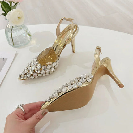 Hlieny Hollow Out Patent Leather Women Pumps Fashion Crystal Diamonds Pointed Toe Gold Silver High Heels Shoes Stiletto Sandals PlatiNum