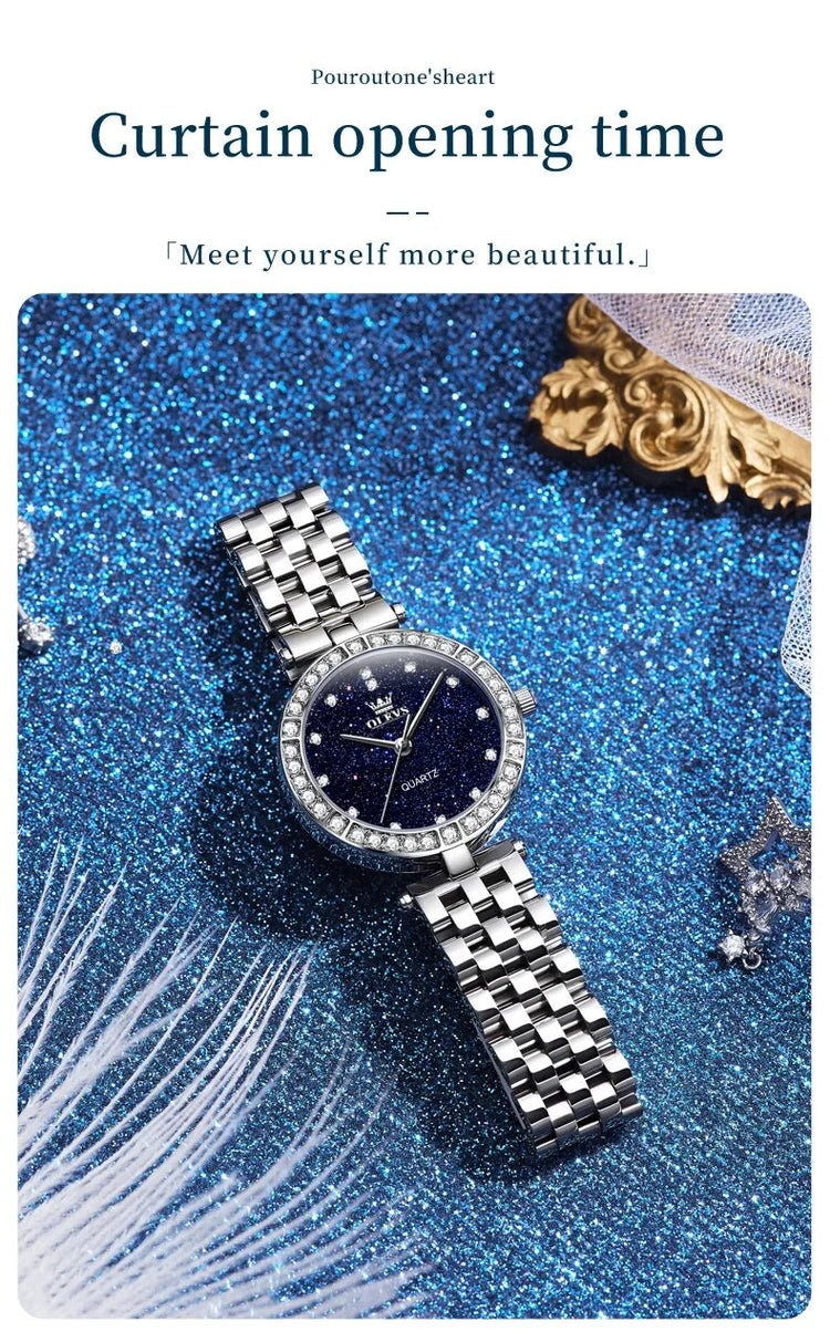 OLEVS 3641 Elegante orologio al quarzo da donna impermeabile Quadrante stellato luminoso in acciaio inossidabile con confezione regalo - Accessorio alla moda da donna platinumshop