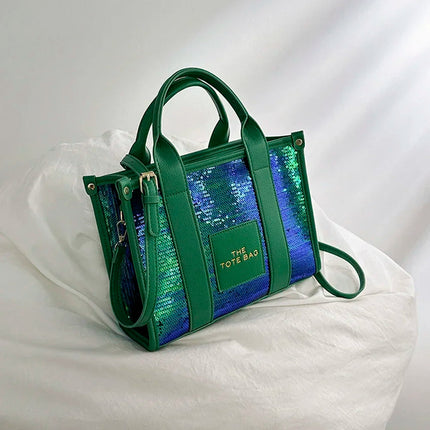 Sequins Top-Handle Bags Fashion PU Leather Shoulder Bag Large Capacity Travel Handbag Women Trendy Casual Satchel Tote Purse PlatiNum