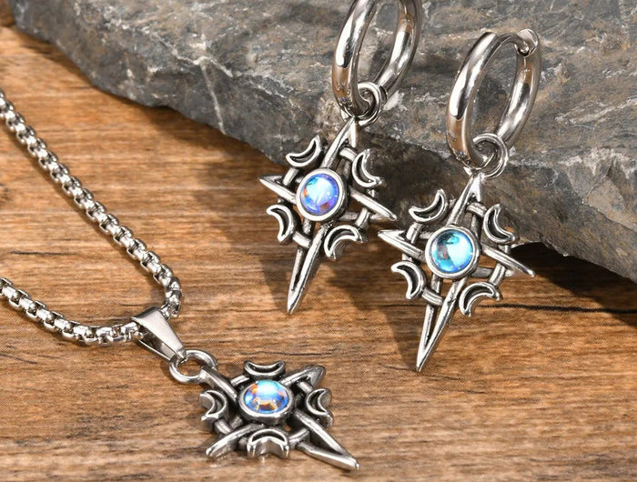 Vnox Witches Knot Moon Star Collane con ciondolo Orecchini per uomo Donna, set di gioielli con collare in pietra di luna con nodo celtico in acciaio inossidabile platinumshop