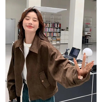 Retro Style Women's Short Suede Jacket Coffee Color Korean Style Autumn Coat Zipper Pocket Polyester Fiber Windproof