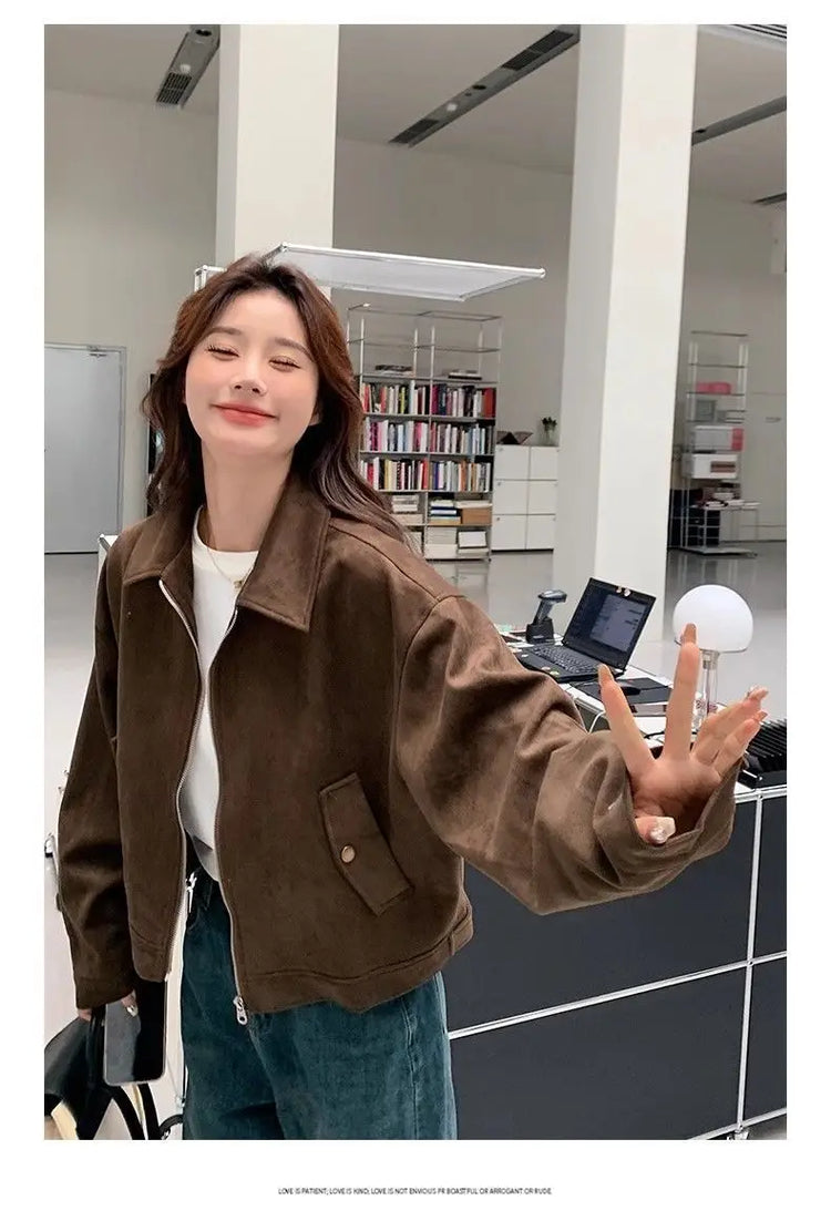 Retro Style Women's Short Suede Jacket Coffee Color Korean Style Autumn Coat Zipper Pocket Polyester Fiber Windproof