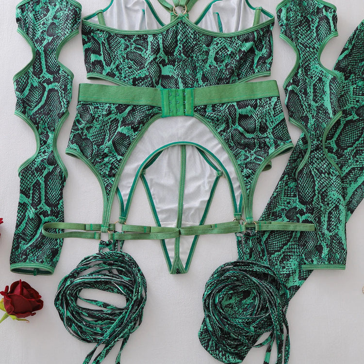 Tornova Erotic Lingerie Personalized Snake Pattern Hollow Strap Design Bodyshaping Sexy Delicate Hot Lingerie Set with Stockings