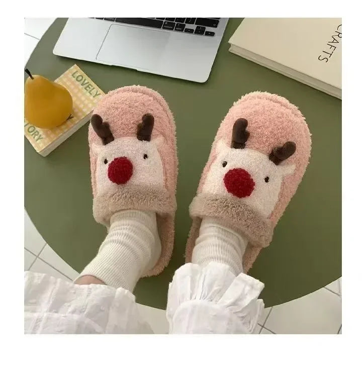Winter Christmas Women Home Slippers Men Indoor Soft Non-slip Sandals Couples Warm Plush Flat Slides Adults Unisex Lovely Shoes