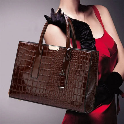 Luxury Vintage Women's Crocodile Pattern Handbag Large Capacity Tote Bag Leather Business Shoulder Bag For Female PlatiNum