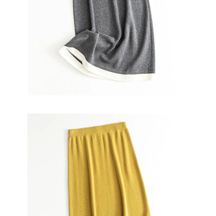 SuyaDream, Women Long Skirt, 32.4%Sheep Wool, Solid Woolen Knitted Skirts, 2024 Autumn Winter Warm Under Dress, Grey, Khaki PlatiNum