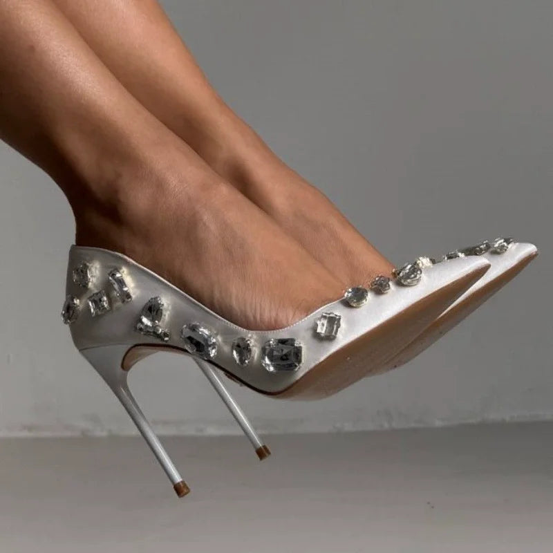 Autumn new pointed toe shallow silk rhinestone single shoes banquet dress large size thin heel high heel customized women's shoe