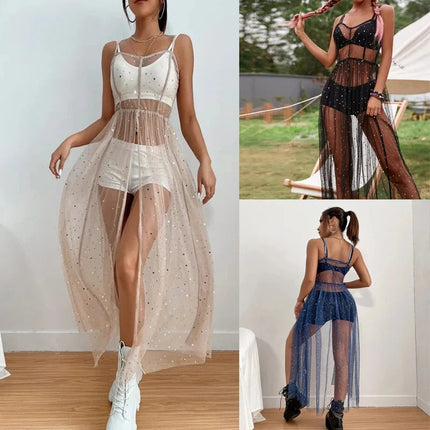 New Summer Women Cover Up Dress senza maniche collo quadrato Beach Holiday paillettes Split Midi Beach Smock Skin-Friendly confortevole platinumshop
