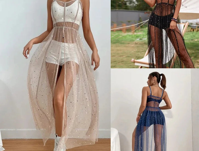 New Summer Women Cover Up Dress senza maniche collo quadrato Beach Holiday paillettes Split Midi Beach Smock Skin-Friendly confortevole platinumshop