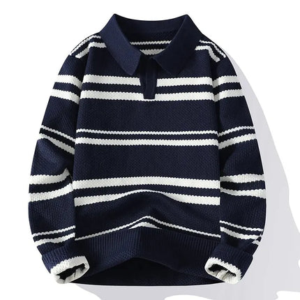 Autumn Winter Men's Striped Polo Collar Knitted Sweater Youthful Vitality Long Sleeve Turn Down Collar Casual Knit Pullovers Men