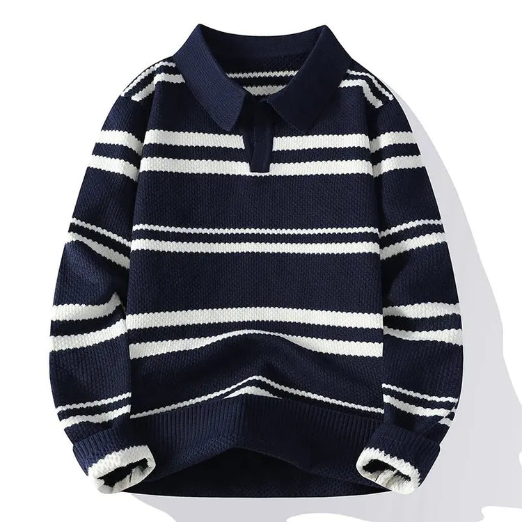 Autumn Winter Men's Striped Polo Collar Knitted Sweater Youthful Vitality Long Sleeve Turn Down Collar Casual Knit Pullovers Men