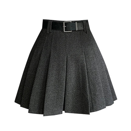 Vintage Winter Pleated Mini Skirt Women Streetwear High Waist Woolen Cute Skater Skirts With Shorts Belt Grey Black Skirt Woman PlatiNum