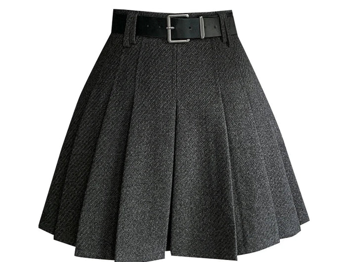 Vintage Winter Pleated Mini Skirt Women Streetwear High Waist Woolen Cute Skater Skirts With Shorts Belt Grey Black Skirt Woman PlatiNum