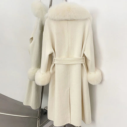 TARUXY Women Luxurious Faux Fox Fur Collar Long Jacket Elegant Solid Long-Sleeved Loose Lace Up Street Warm Coat 2026 Winter New