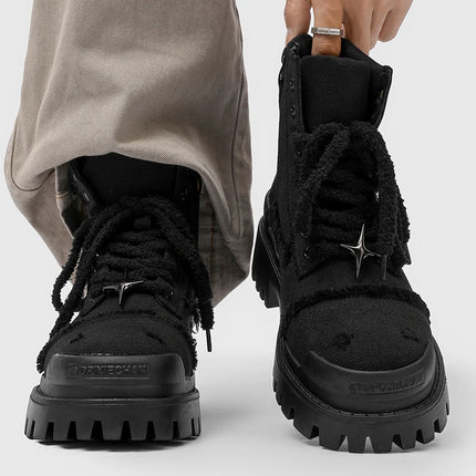 Four cornered star thick soled men high top boots European American anti kick height increasing anti slip retro motorcycle boots