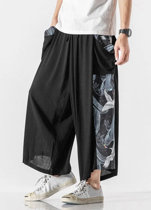 Men's Summer Harajuku Harem Pants Cotton Linen Joggers Mens Calves Length Loose Vintage Japanese Ukiyo-e Print Pants