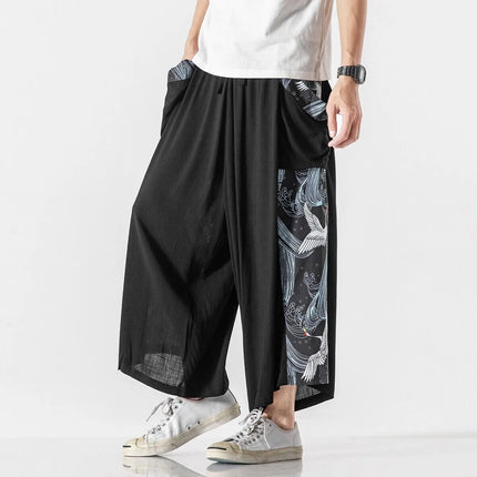 Pantaloni da uomo estivi Harajuku Harem Pantaloni da jogging in cotone di lino Pantaloni al polpaccio da uomo Allentati Costume giapponese vintage Ukiyo-e Pantaloni con stampa