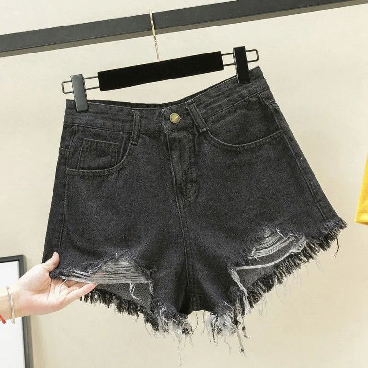 Nuovi Shorts in Denim da Donna con Bordi Grezzi, Modello Ampio a Trapezio, Strappati, a Vita Alta, Hot Pants - platinumshop