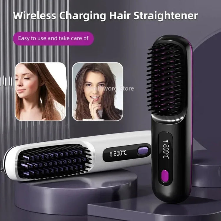 Electric Lcd USB Ceramic Heated Straight Hair Comb, Wireless Portable Negative Ion Styling Tool, Rechargeable Straightening Brush