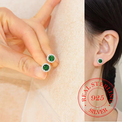 Korean 925 Sterling Silver Cute Round Crystal Stud Earrings for Women S925 Wedding Party Jewelry Gift Aretes De Mujer PlatiNum