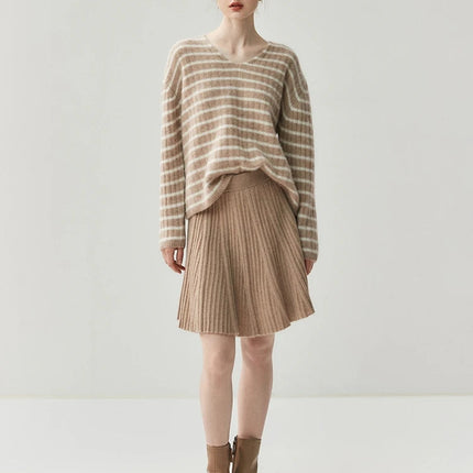 CHICUU Women's A-line Pleated Skirt 100% Cashmere Knit Mini Skirt Autumn Winter Preppy Style Above Knee Skirt Cashmere Knitwear PlatiNum