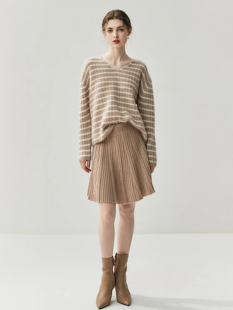 CHICUU Women's A-line Pleated Skirt 100% Cashmere Knit Mini Skirt Autumn Winter Preppy Style Above Knee Skirt Cashmere Knitwear PlatiNum