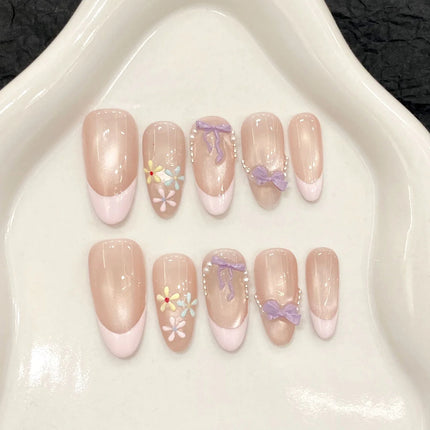 10pcs Handmade Press on Nails French Cat Eye Pink Bow Decor Korean False Nails Wearable Full Cover Ins Almond False Nail Tips 2028