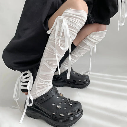 Chaussettes couvre-jambes punk pour femmes avec cravate au mollet Chaussettes à sangle au mollet de danse de ballet Chaussettes fines Y2K Chaussettes cosplay Lolita gothique japonais JK Club