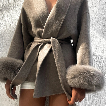 Elegant Lace Up Woolen Short Coat Solid Loose Lapel Furry Long Sleeve Belt Waist Jacket 2026 Spring Autumn Lady Chic Cardigan