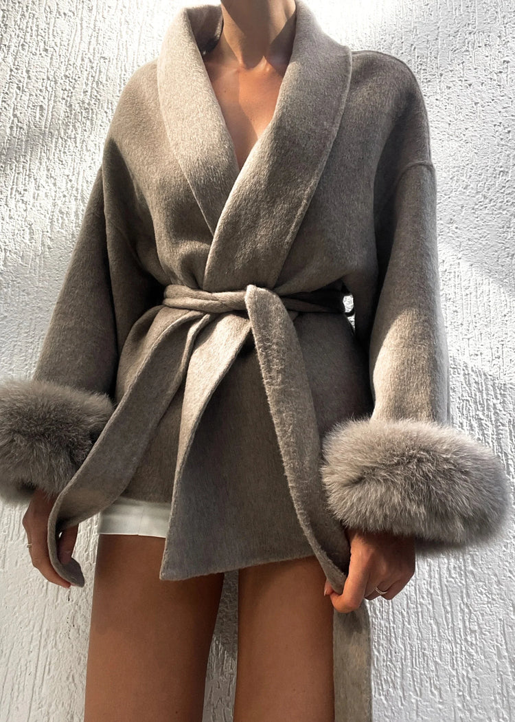 Elegant Lace Up Woolen Short Coat Solid Loose Lapel Furry Long Sleeve Belt Waist Jacket 2026 Spring Autumn Lady Chic Cardigan