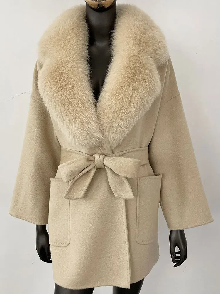 CXFS 2025 Winter Fashion Women Double-sided Wool Cashmere Coat with Detachable Natural Fox Fur Collar New design suit collar
