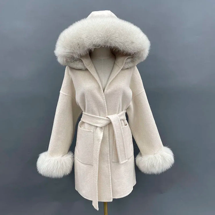 MISSJANEFUR Wool Coat with Real Fox Fur Collar Cuff Women Fashion Belted Cashmere Coats Warm Winter Hooded Trench Peacoat