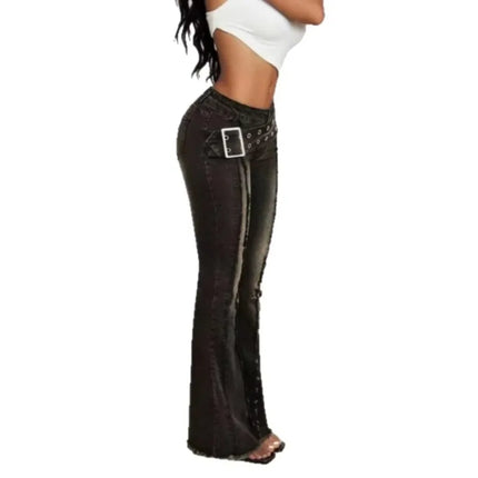 Women Vintage Washed Flare Jeans With Wide Belt Raw Hem Split Hem Seam Detail High Waist Slim Fit Denim Pants
