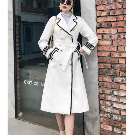 Women White Long Woolen Coat Autumn Winter British Hepburn Style Thicken Slim Double-Breasted Woolen Coat New Women Outwear