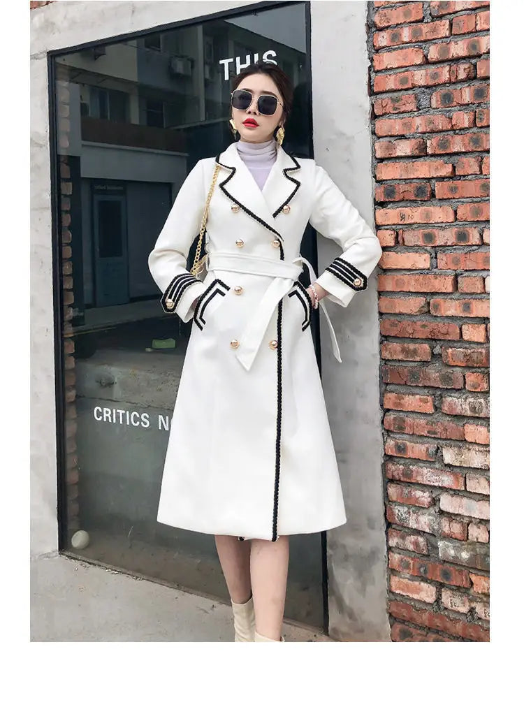Women White Long Woolen Coat Autumn Winter British Hepburn Style Thicken Slim Double-Breasted Woolen Coat New Women Outwear