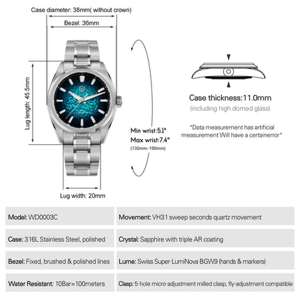 Watchdives WD0003C Ice Crack Dial 38mm Men Watch VH31 Sweep Seconds Quartz Movement Sapphire Luminous 10Bar Waterproof Watches