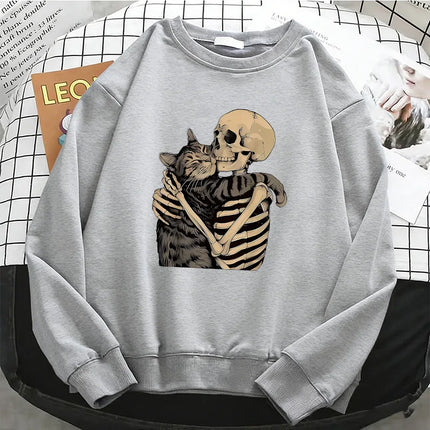 Vintage High Quality Retro Skull with Cat Womens Hoodies Warm Fleece Sweatshirt Soft O-Neck Pullover Casual Female Clothes