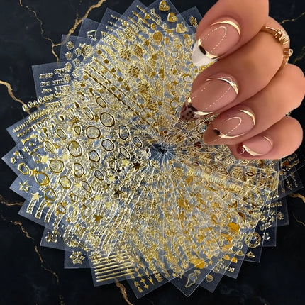 30 Sheets Gold Nail Art Stickers 3D Self‑Adhesive Nail Decals Gold Line Star Nail Stickers for Acrylic Nails Gold Leaf