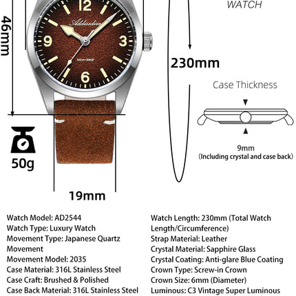 ADDIESDIVE NEW Luxury Quartz Men's 36mm Watch AD2544 Sapphire Crystal 100M Waterproof C3 Retro Luminous Leather Strap Wristwatch