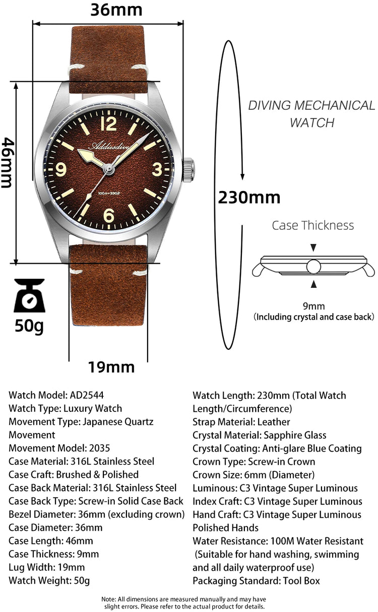 ADDIESDIVE NEW Luxury Quartz Men's 36mm Watch AD2544 Sapphire Crystal 100M Waterproof C3 Retro Luminous Leather Strap Wristwatch