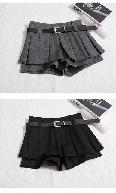 Womens Shorts Autumn Winter Belt High Waist Fluffy Pleated A-line Short Pants Korean Fashion Sexy Y2k All Match Clothes
