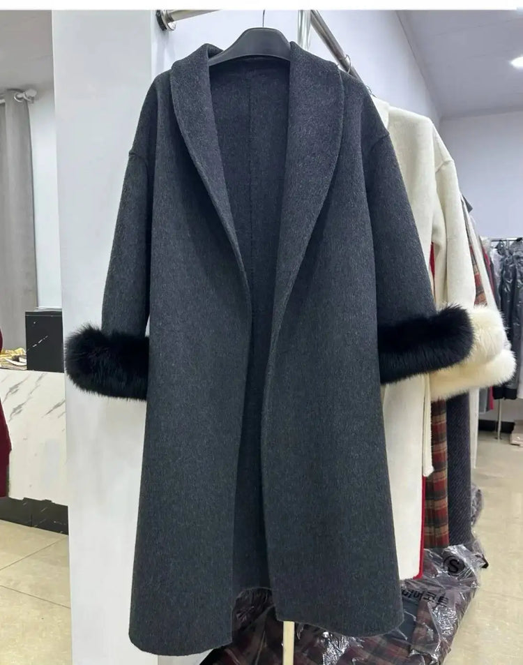 BJTZ Fox Fur Classic Long Double-Sided Pure Wool Coat For Women 2025 New Autumn Winter High-End Woolen Jacket