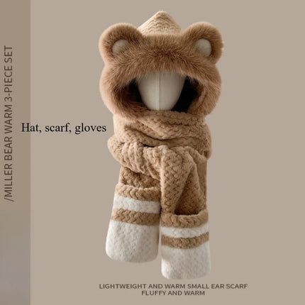 Three-in-one hat Winter Women's Plus  Bear Hat Scarf Gloves One-piece Hooded Cute Warm Plush Three-piece Suit To Prevent Cold