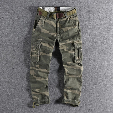 Heavyweight Camouflage Pants Men Clothing Multi-pockets Solid Color Patchworked Outdoor Trousers Retro Cargo Casual Wear Jogger